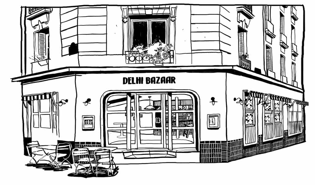 Façade du restaurant Delhi Bazaar, illustration au trait
